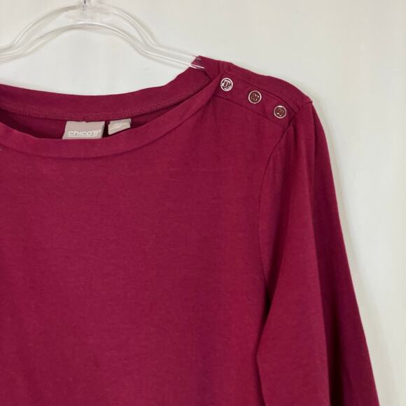 Chico's | Red 3/4 Sleeve Tee Shirt Bateau Button Cotton Modal Chicos 2/US Large - Picture 2 of 5